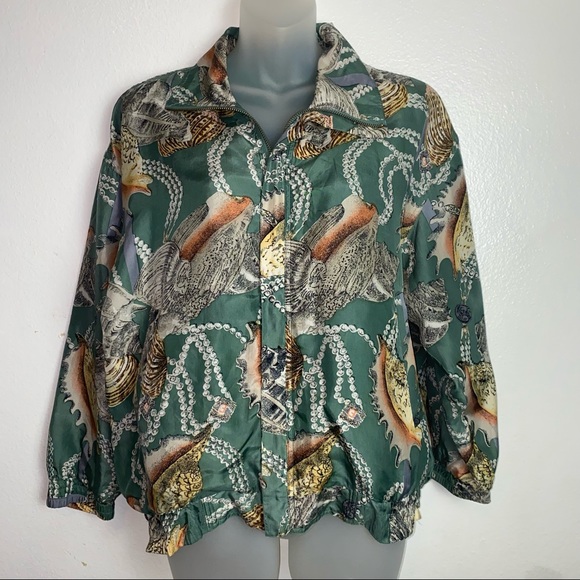 Vintage Shanghai Silk 100% silk green seashell ocean novelty print zip up jacket - Picture 2 of 13